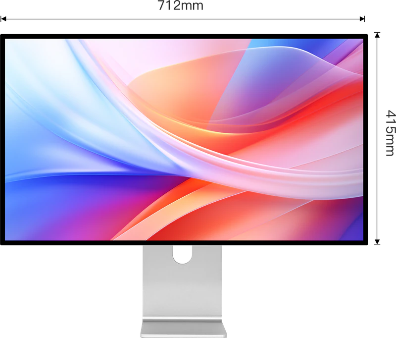 Maßzeichnung des Monitors Kuycon G32P von vorn: 712 mm breit und 415 mm hoch ohne Standfuß