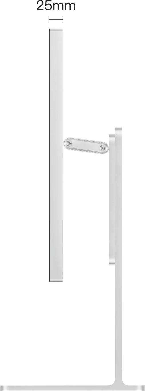 Maßzeichnung des Monitors Kuycon G32P von der Seite auf seinem Standfuß, mit einer Gehäusetiefe von 25 mm