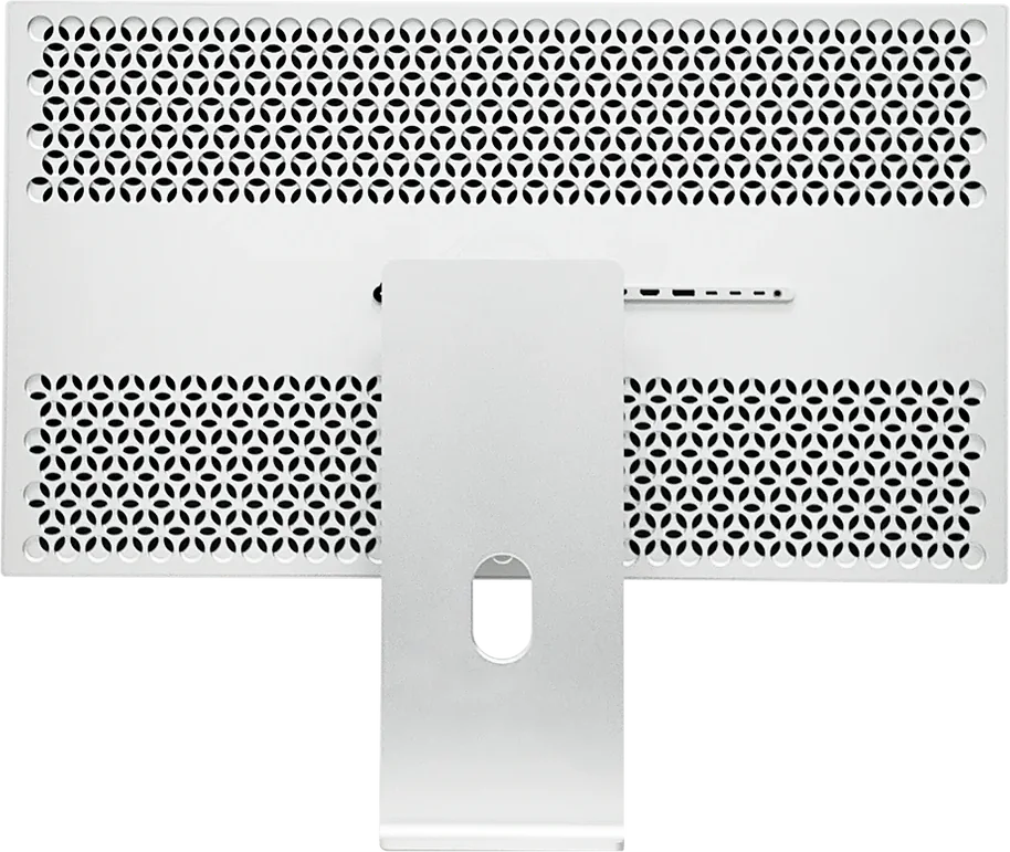 Rückseite des Monitors Kuycon G32P, frontal gesehen: zwei perforierte Aluminiumstreifen, mittiger Standfuß und Anschlussleiste