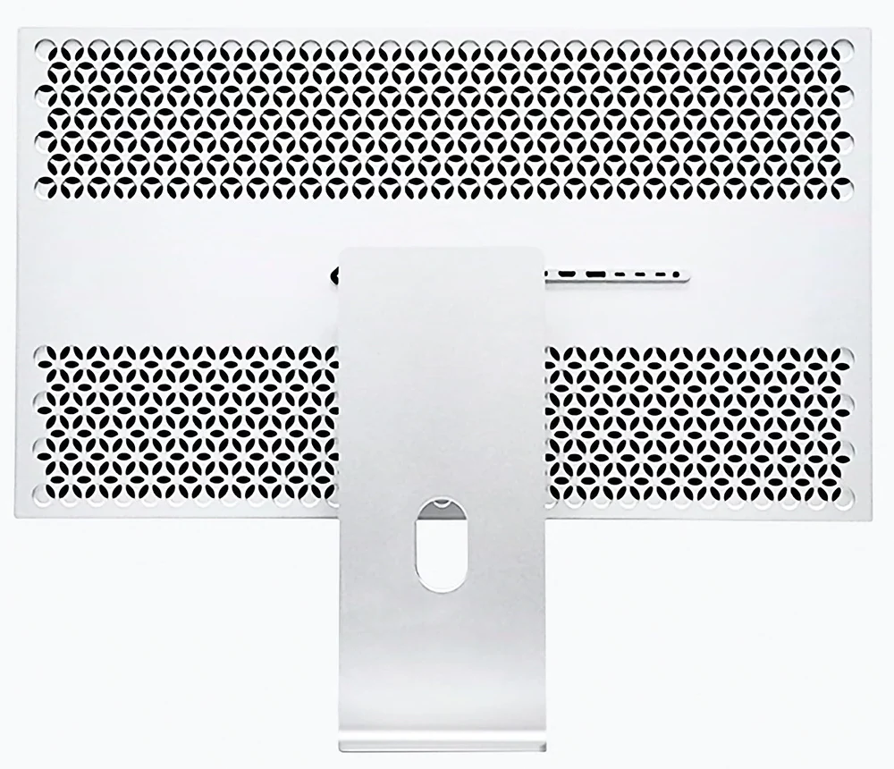 Rückseite des Monitors Kuycon G32P: perforierte Aluminiumrückwand, Anschlussleiste und silberner Standfuß