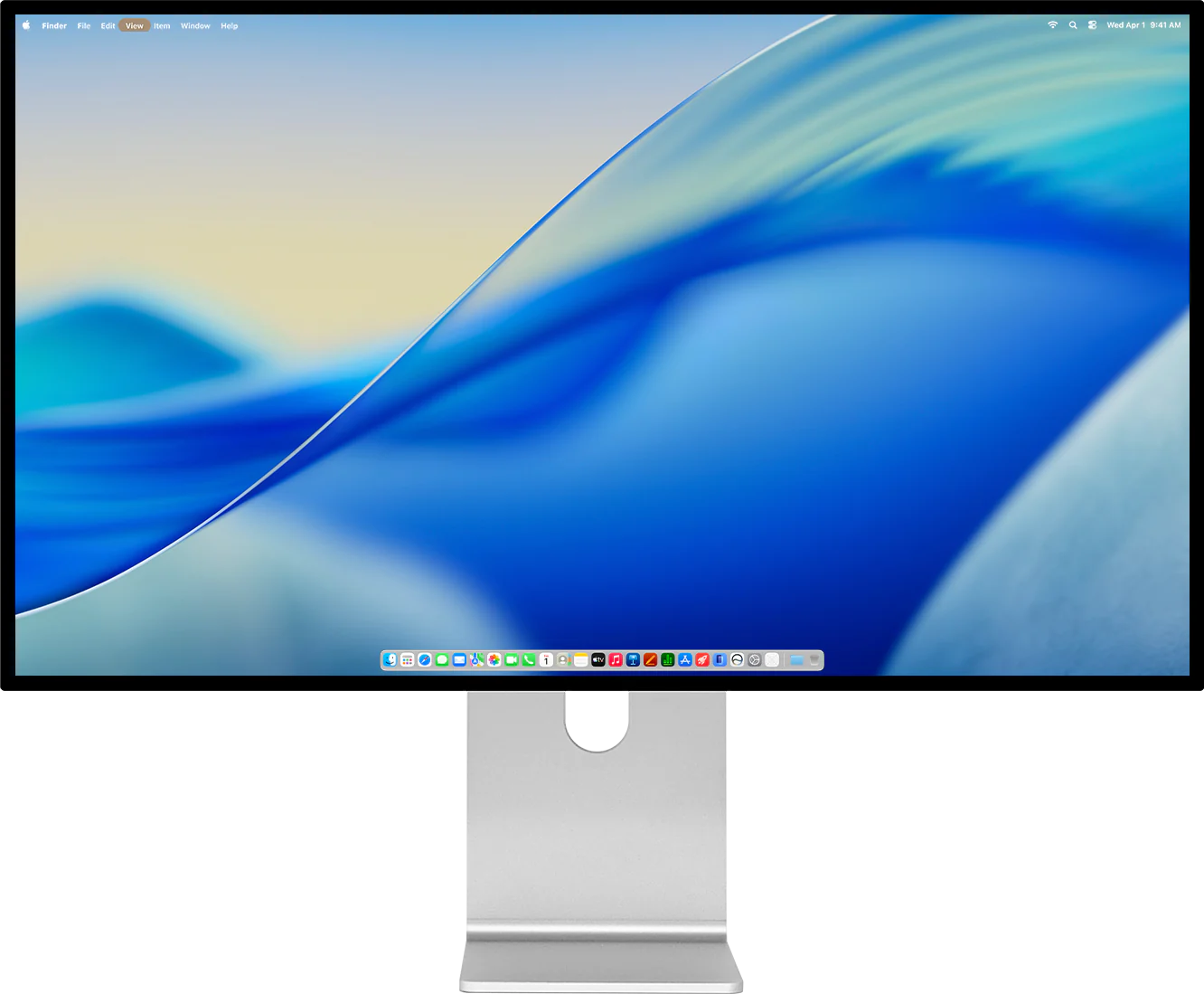 Monitor Kuycon G32P in der Vorderansicht auf seinem silbernen Standfuß, mit dem macOS-Schreibtisch, der Menüleiste, dem Dock und einem Hintergrundbild aus blauen Wellen