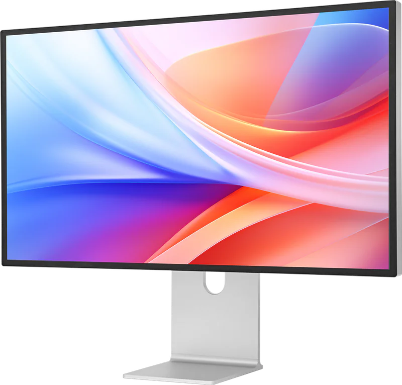 Monitor Kuycon G32P in der Dreiviertelansicht von vorn, mit dem Rahmen des glänzenden Panels und dem silbernen Standfuß