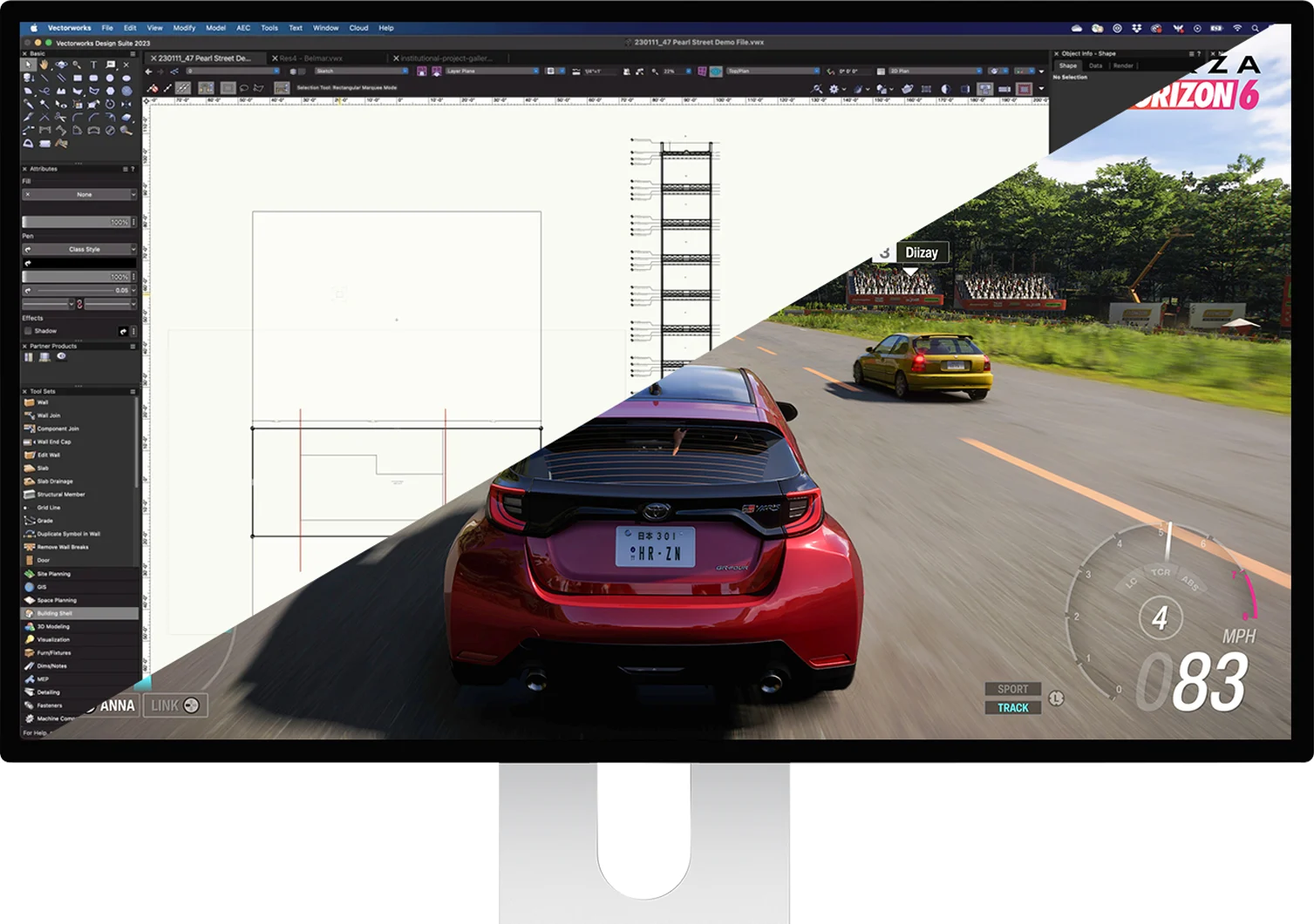Kuycon 32-Zoll-4K-Monitor mit einer CAD-Zeichnung auf der einen und einem Rennspiel auf der anderen Hälfte
