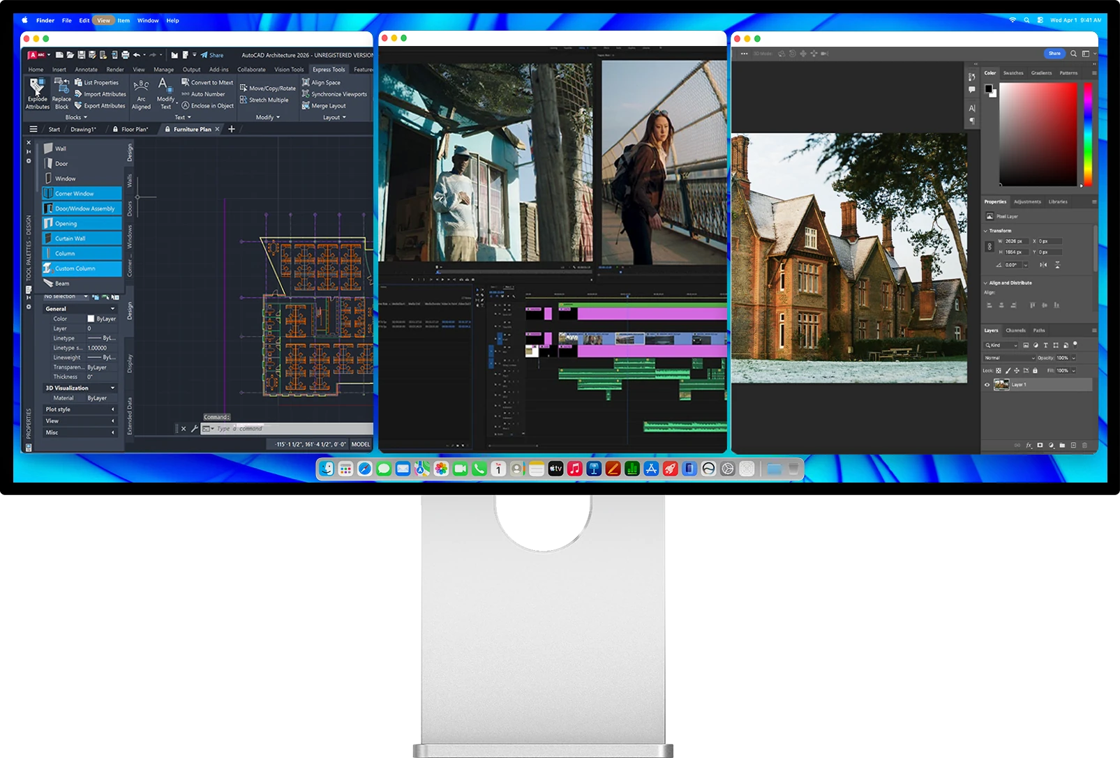 Three applications side by side on the Kuycon W34KB : CAD drawing, video editing timeline and photo retouching | Kuycon