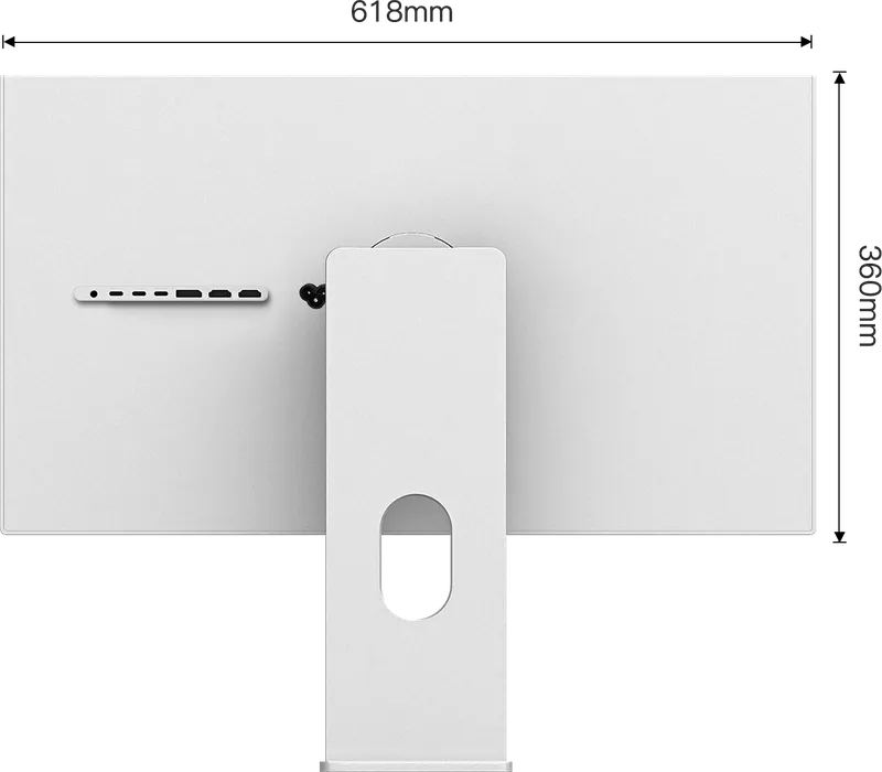 Maßzeichnung der Rückseite des Monitors Kuycon P27Z: 618 mm breit und 360 mm hoch ohne Standfuß