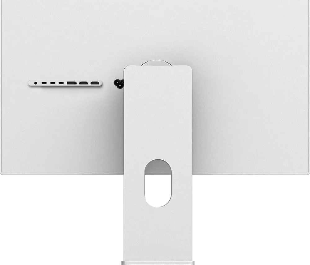 Glatte Rückseite des Monitors Kuycon P27Z, frontal gesehen, mit mittigem Standfuß und Anschlussleiste