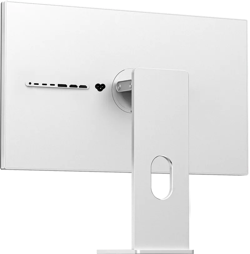Glatte Rückseite des Monitors Kuycon P27Z in der Dreiviertelansicht: geschlossene Aluminiumrückwand, Anschlussleiste, Netzanschluss und Aluminium-Standfuß