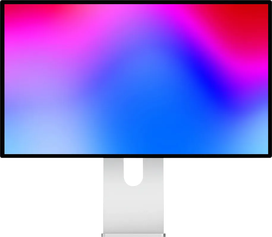 Monitor Kuycon P27Z in der Vorderansicht auf seinem Aluminium-Standfuß, mit einem Farbverlauf von Rot über Magenta und Violett bis Blau