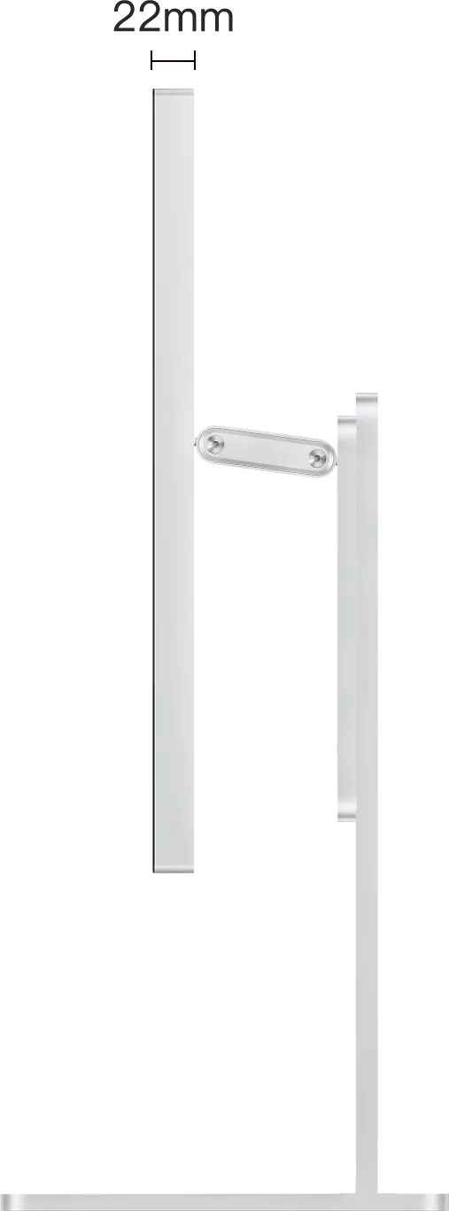 Seitenansicht des Monitors Kuycon W34KB auf seinem Standfuß, mit der Gehäusetiefe von 22 mm bemaßt