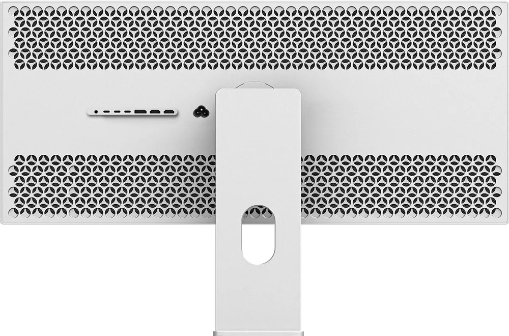 Perforierte Rückseite des Monitors Kuycon W34KB von hinten, mit dem zentralen Standfuß und der Anschlussleiste
