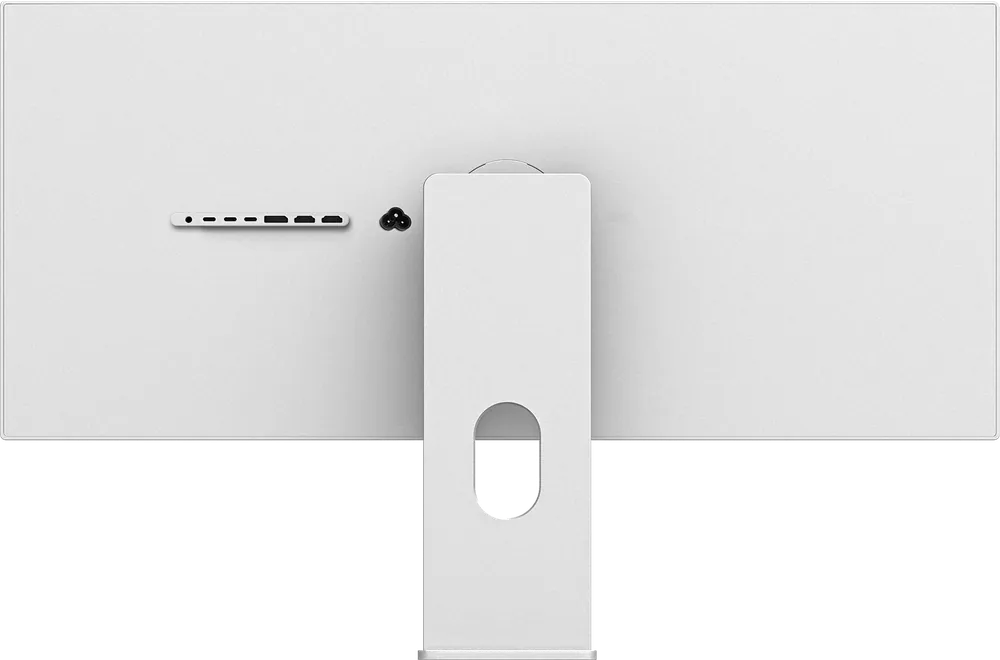 Glatte Rückseite des Kuycon W34KB: Platte aus massivem Aluminium, Anschlussleiste und zentraler Standfuß