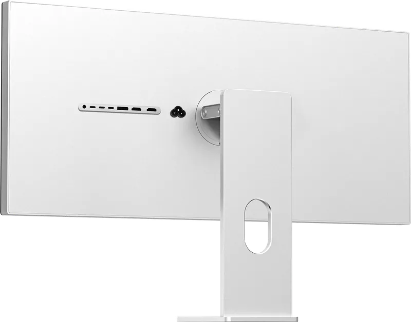 Glatte Rückseite des Monitors Kuycon W34KB in der Dreiviertelansicht: Platte aus massivem Aluminium, Anschlussleiste, Netzanschluss und Aluminium-Standfuß