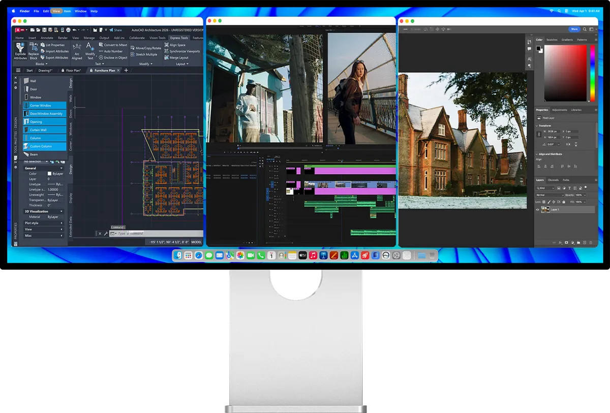 Monitor Kuycon W34KB mit drei nebeneinander geöffneten Anwendungen: einer Software für technisches Zeichnen, einer Videoschnittsoftware und einer Fotobearbeitungssoftware