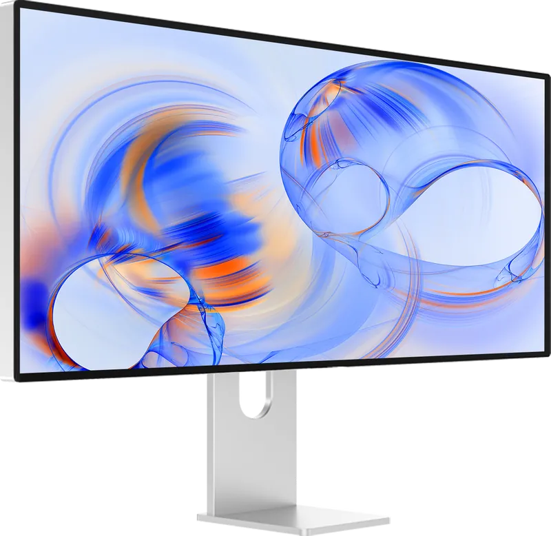 Monitor Kuycon W34KB in der vorderen Dreiviertelansicht, schmale Ränder und Aluminium-Standfuß